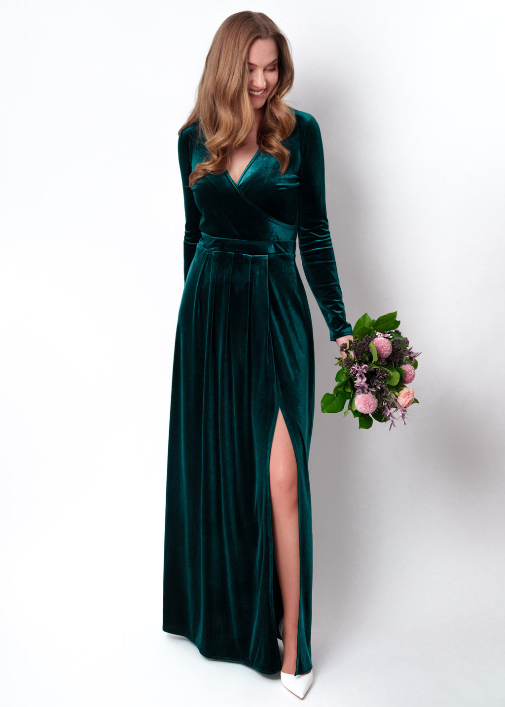 Teal green velvet wrap slit dress
