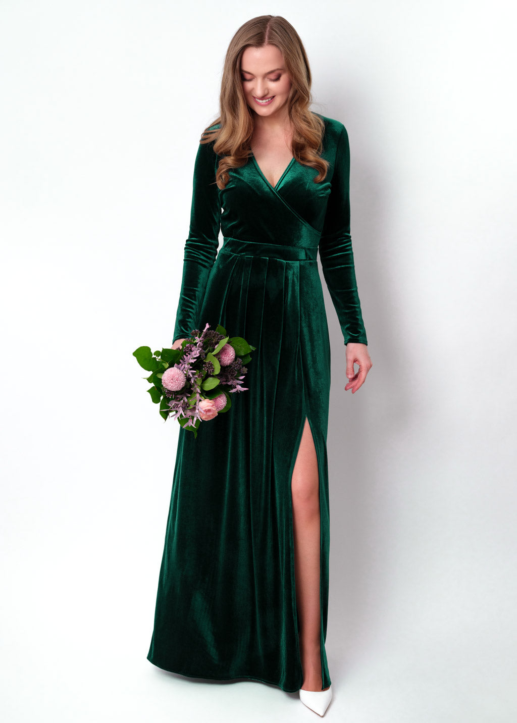 Emerald green velvet wrap slit dress