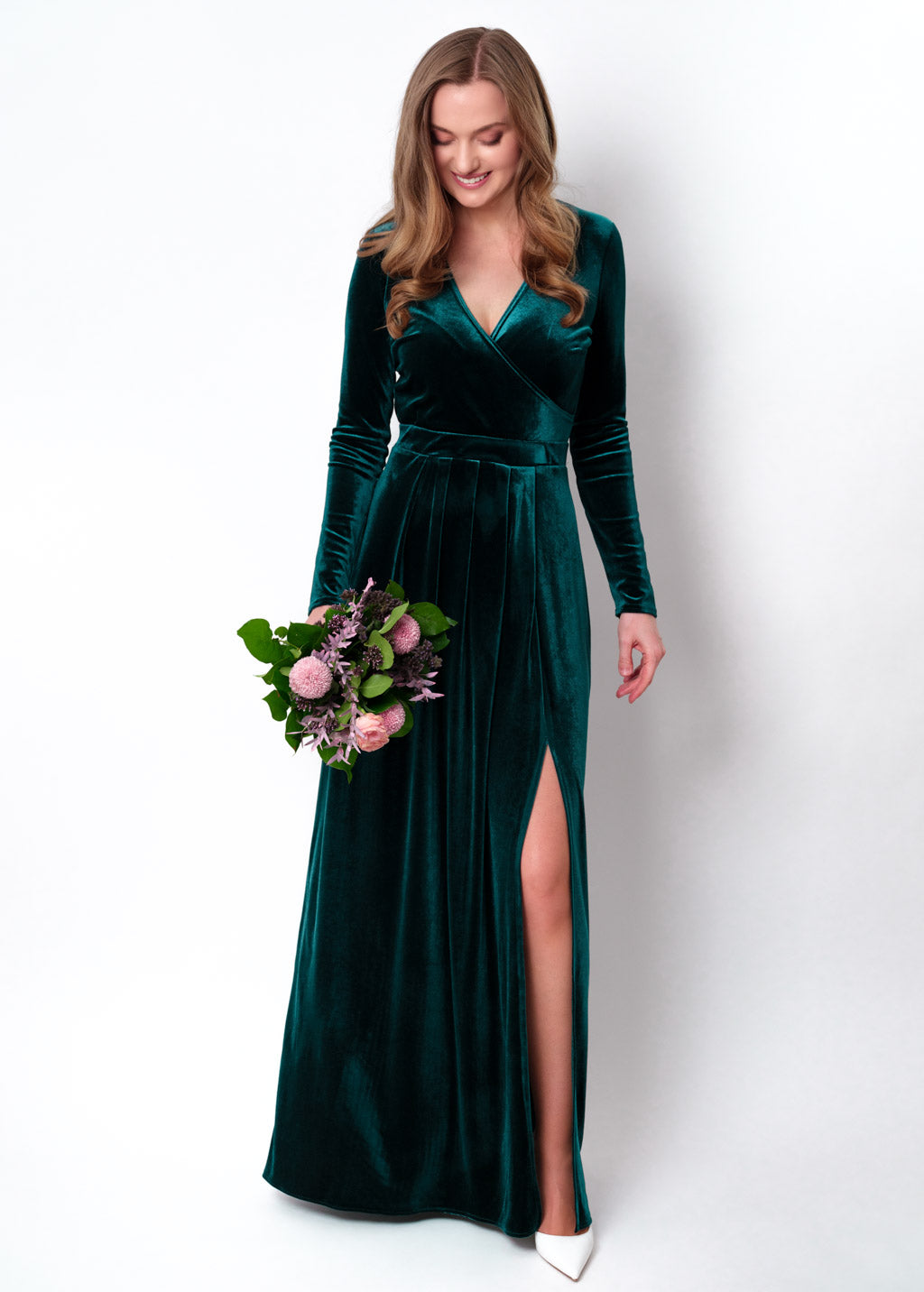 Teal green velvet wrap slit dress