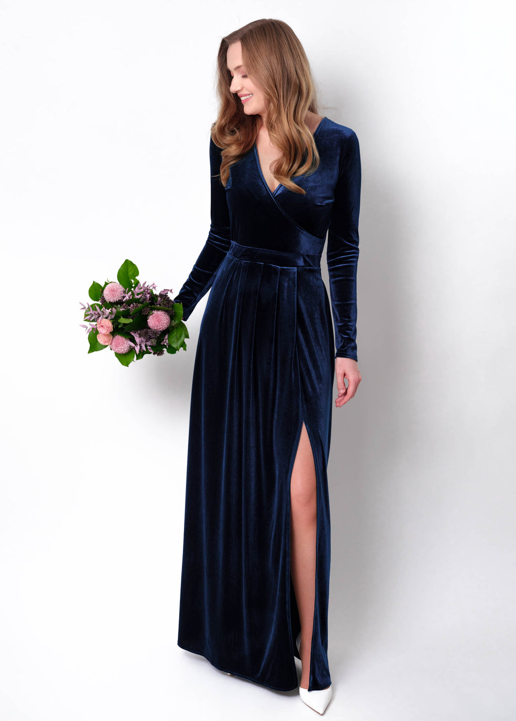 Navy blue velvet wrap slit dress