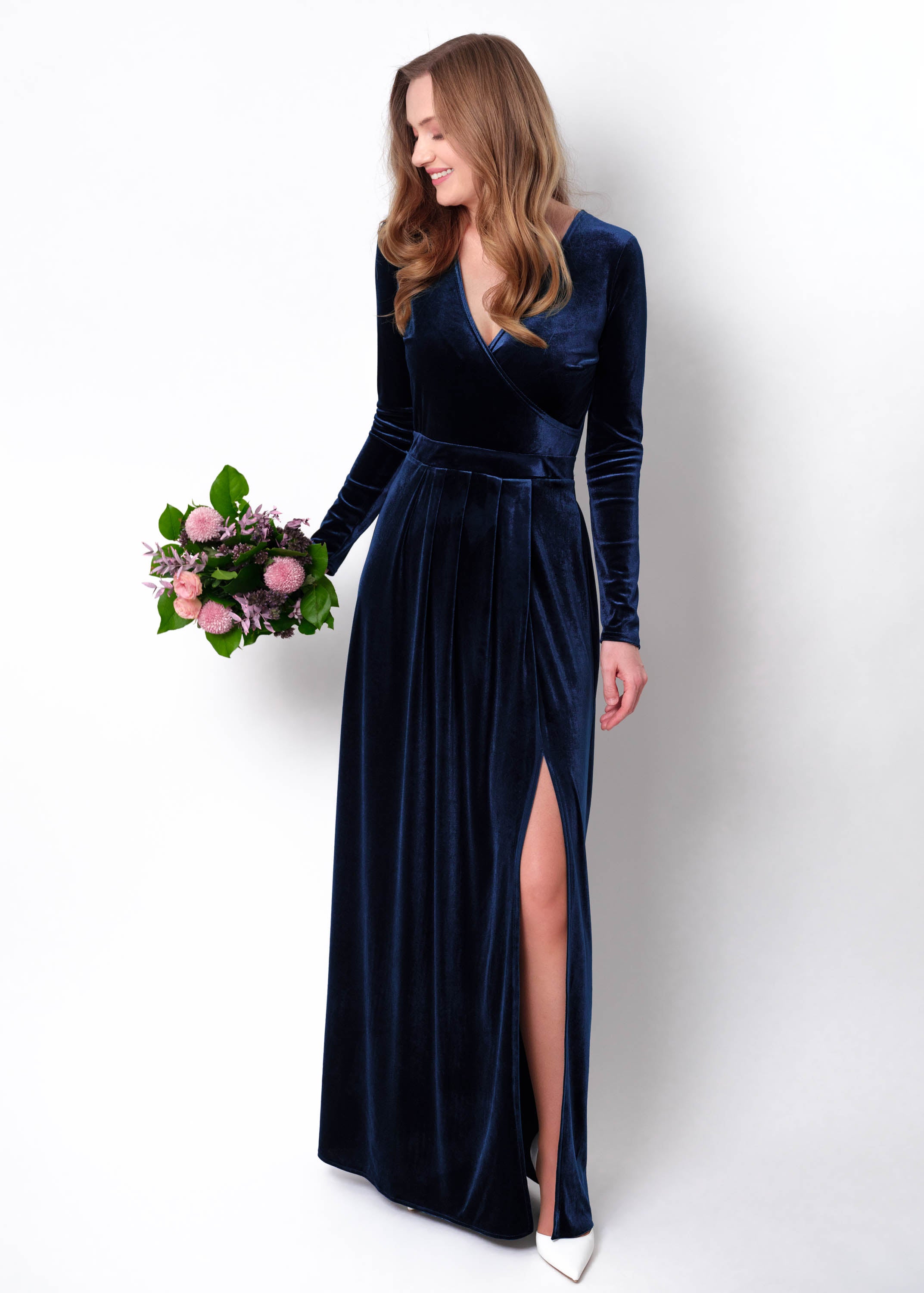 Navy blue velvet wrap slit dress
