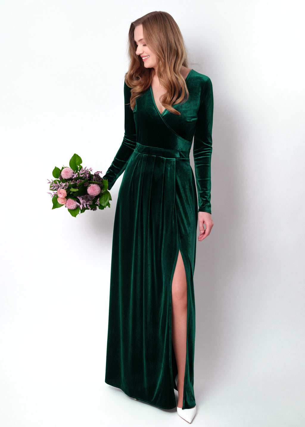 Emerald green velvet wrap slit dress