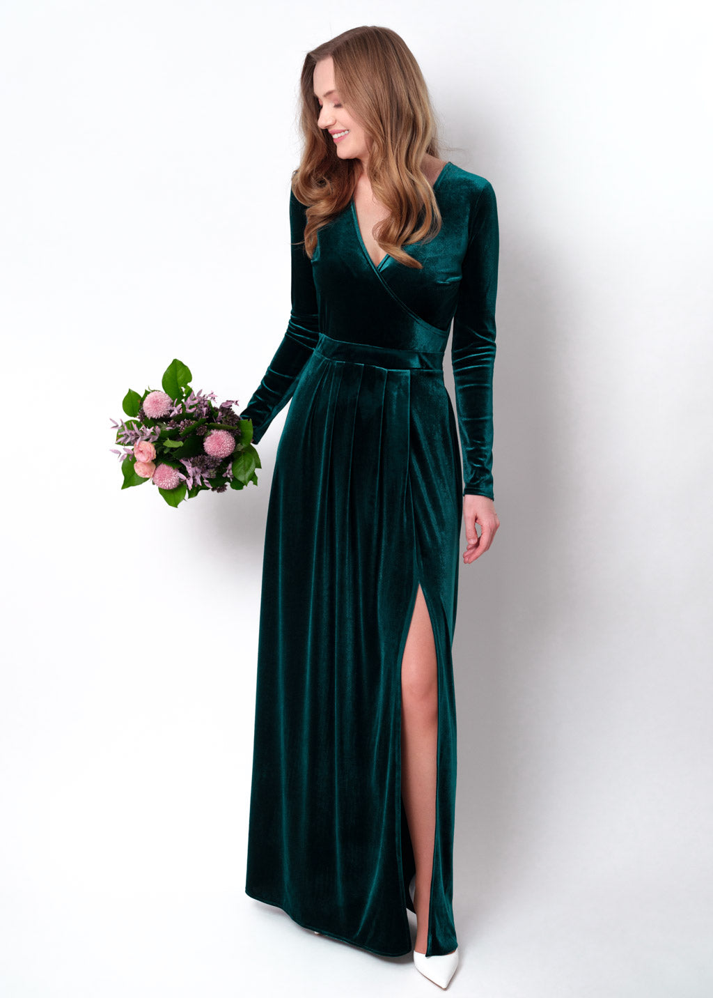Teal green velvet wrap slit dress