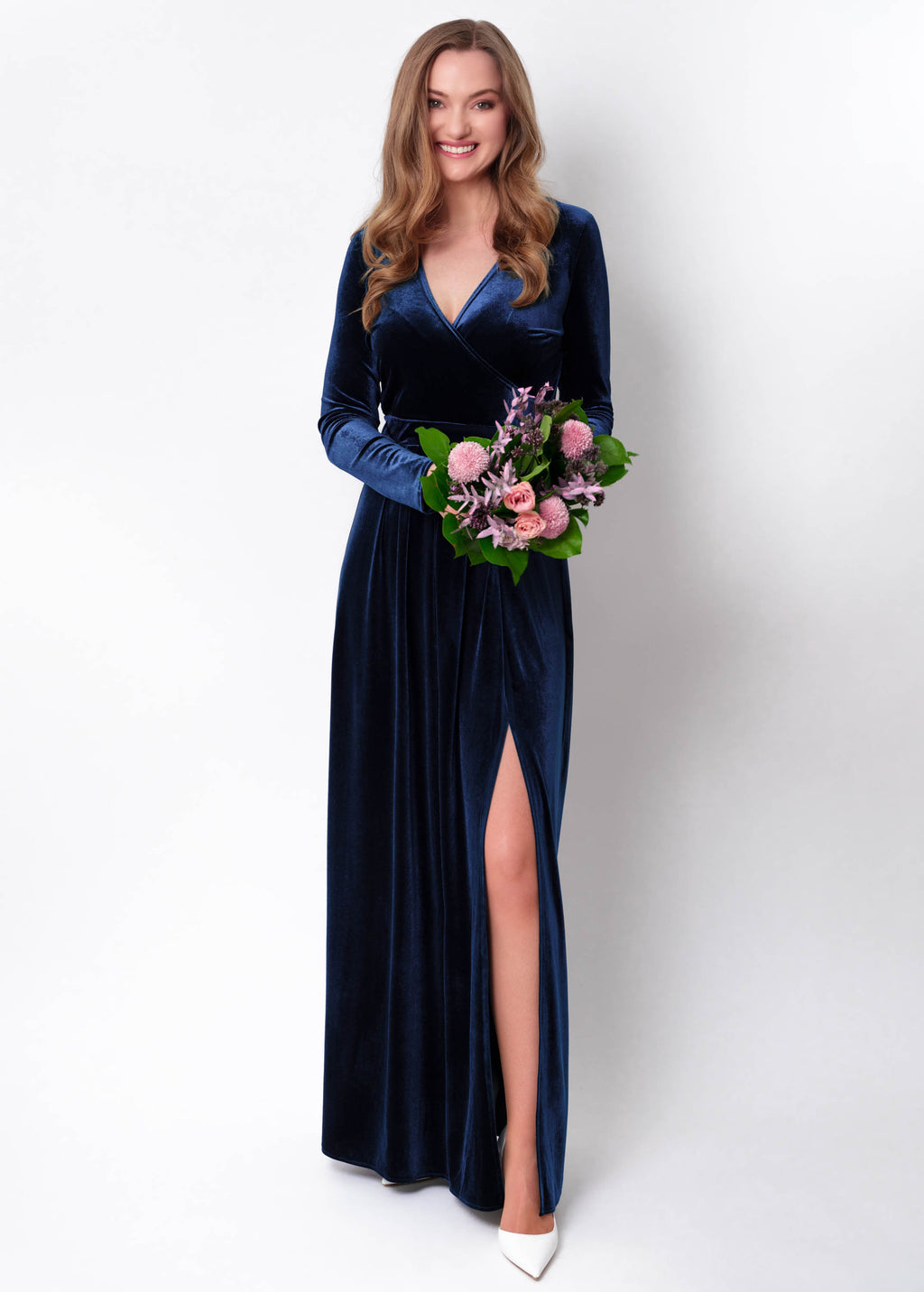 Navy blue velvet wrap slit dress