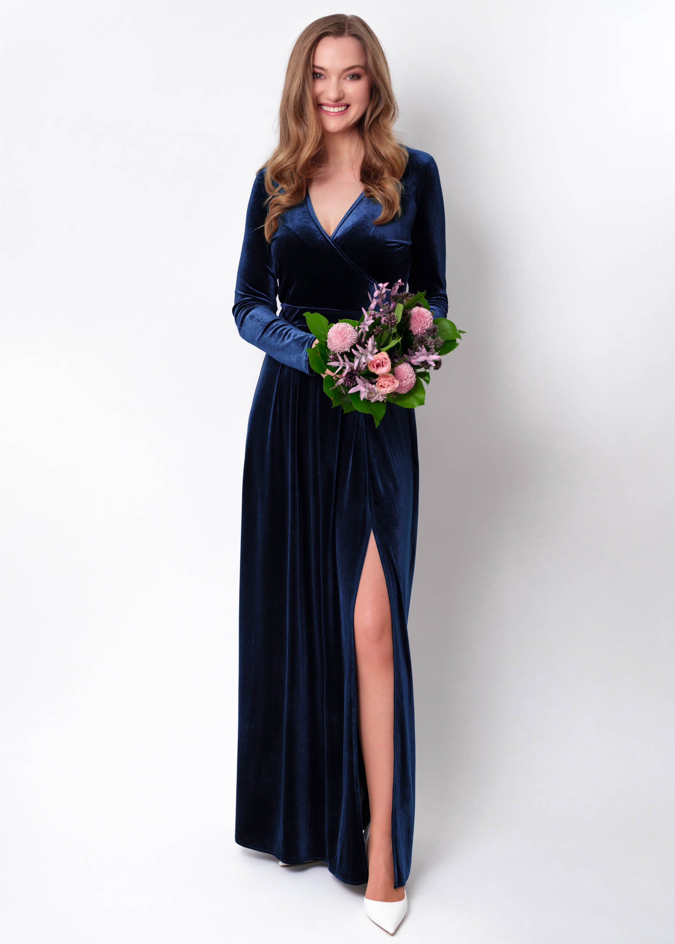Navy blue velvet wrap slit dress