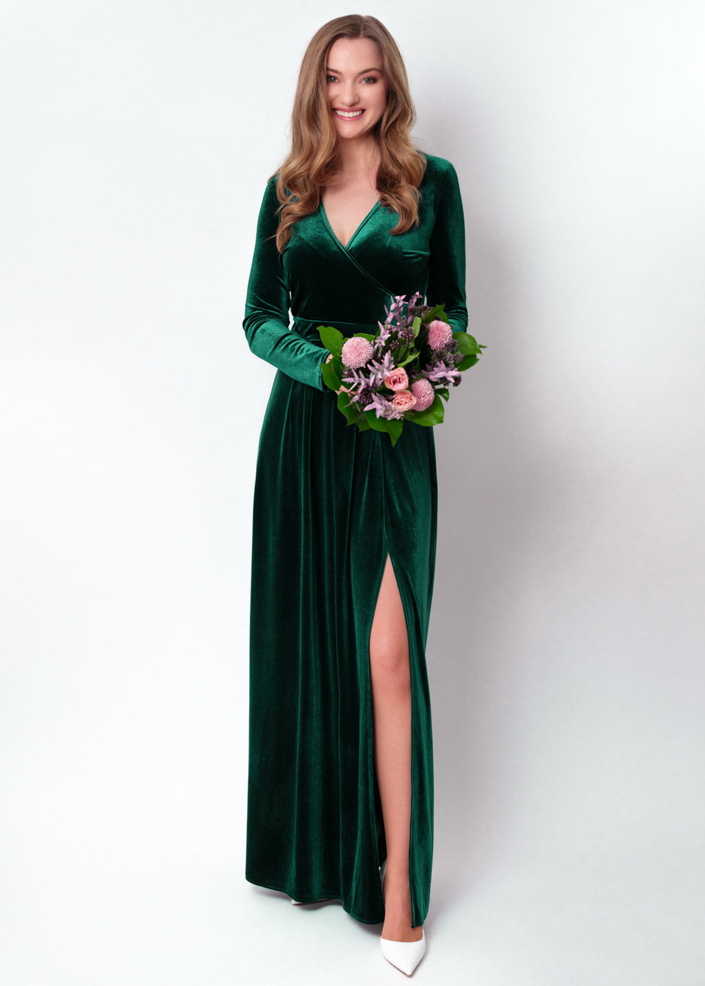Emerald green velvet wrap slit dress