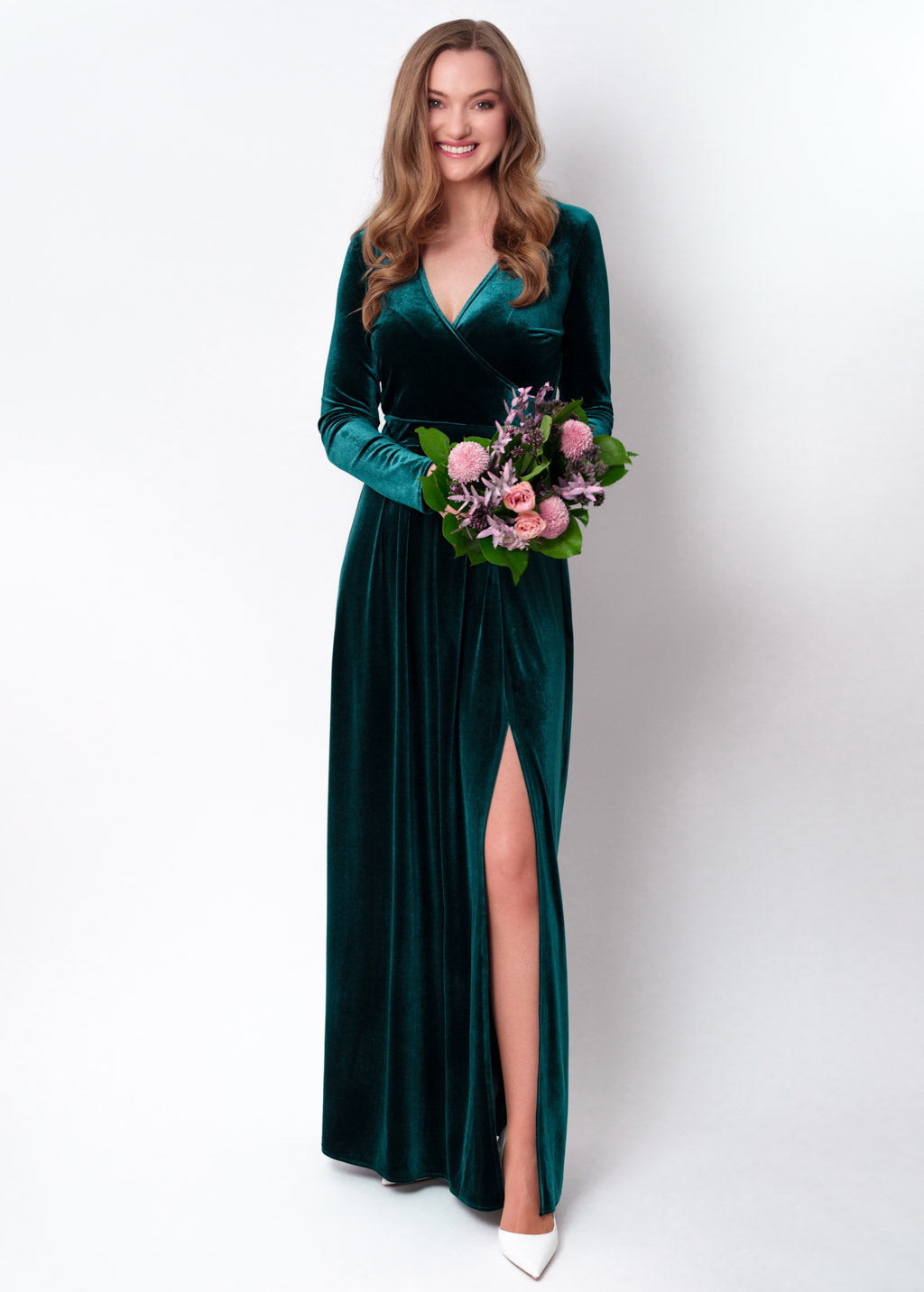 Teal green velvet wrap slit dress