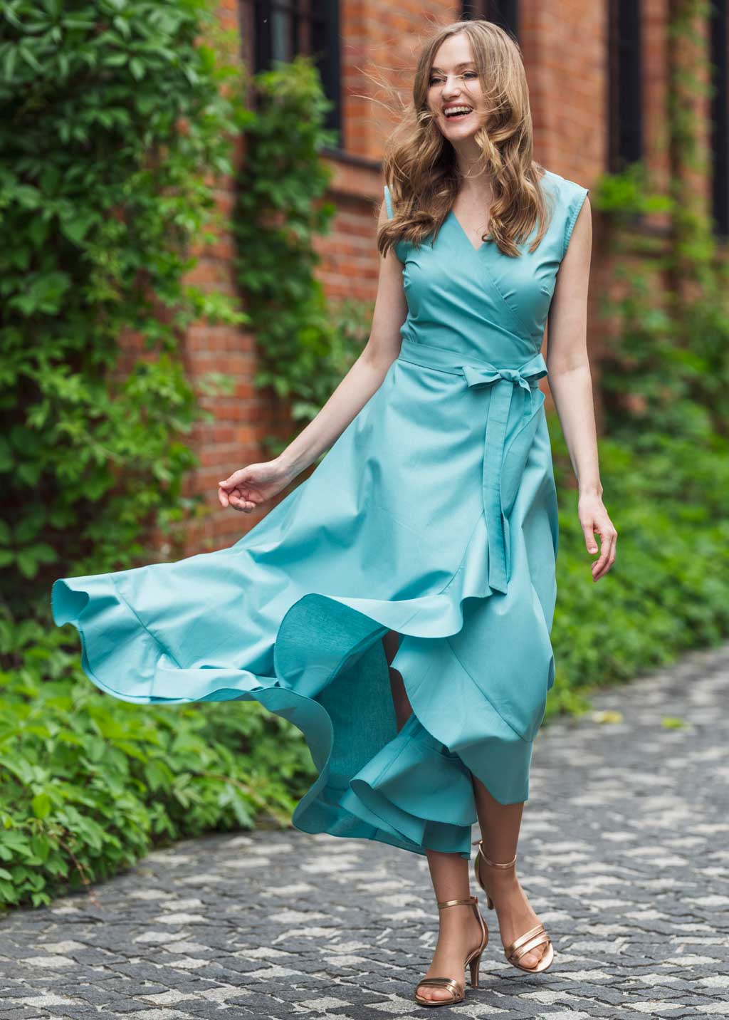 Aqua blue organic cotton wrap dress