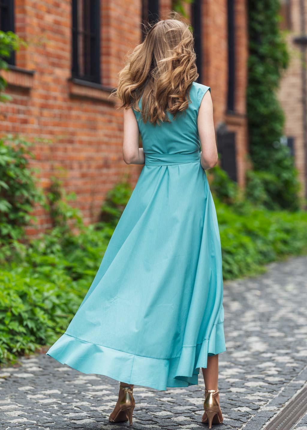 Aqua blue organic cotton wrap dress