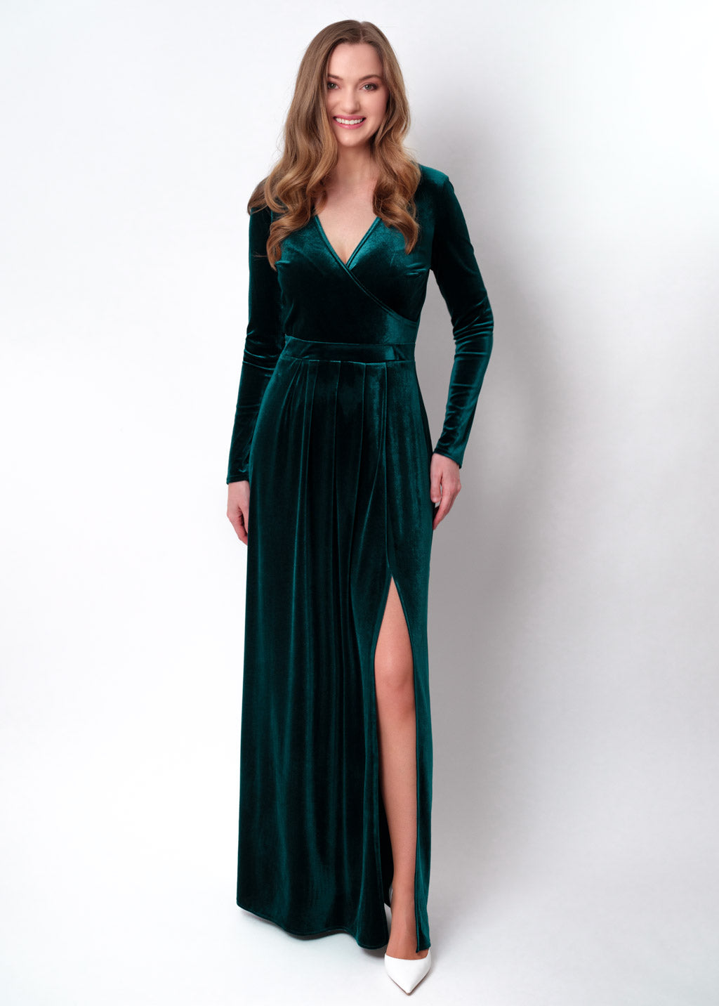 Teal green velvet wrap slit dress