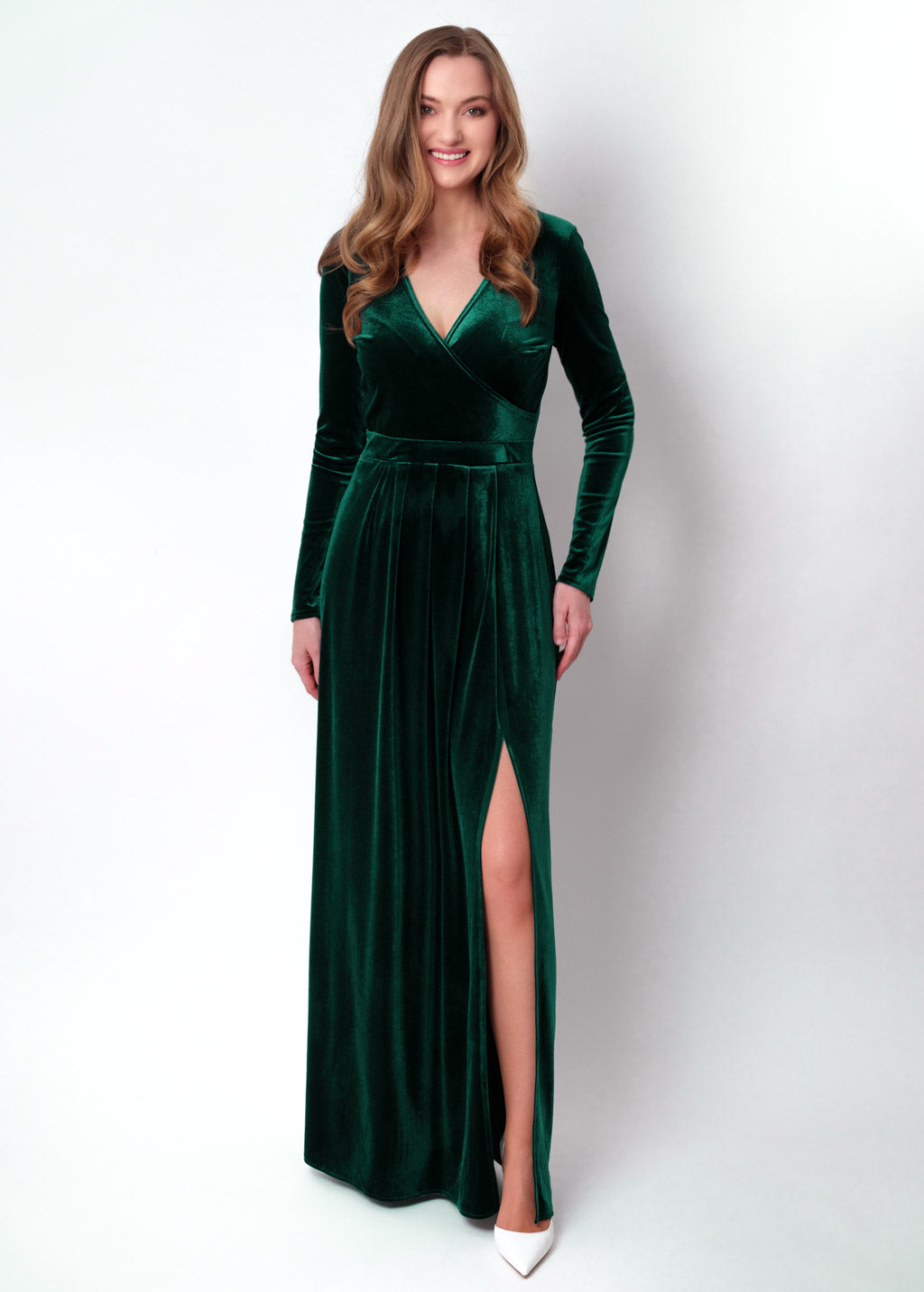 Emerald green velvet wrap slit dress