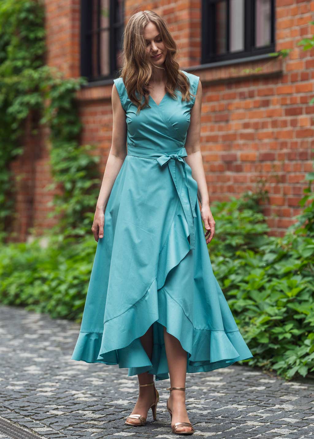 Aqua blue organic cotton wrap dress