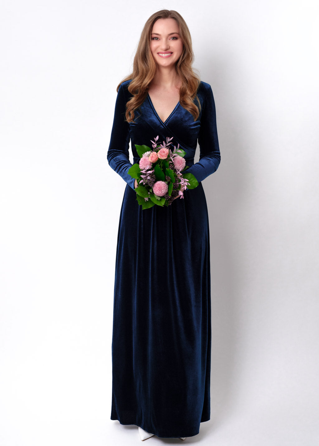 Navy blue velvet wrap long dress