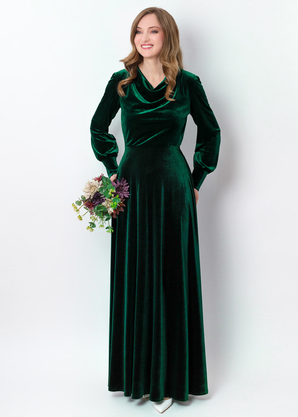 Emerald Green Velvet Winter Dress: Cowl Neck Long Sleeve Gown, Holiday Party, Christmas, Formal wear ENME.ME Emerald Green Velvet Winter Dress: Cowl Neck Long Sleeve Gown, Holiday Party, Christmas, Formal wear ENME.ME