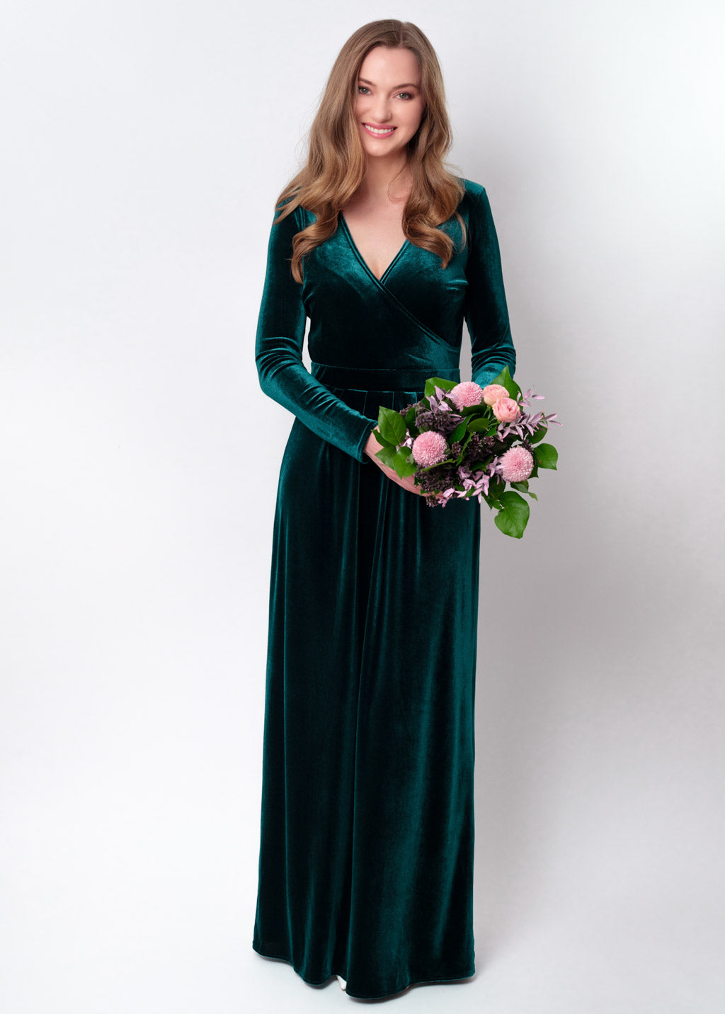 Teal green velvet wrap long dress