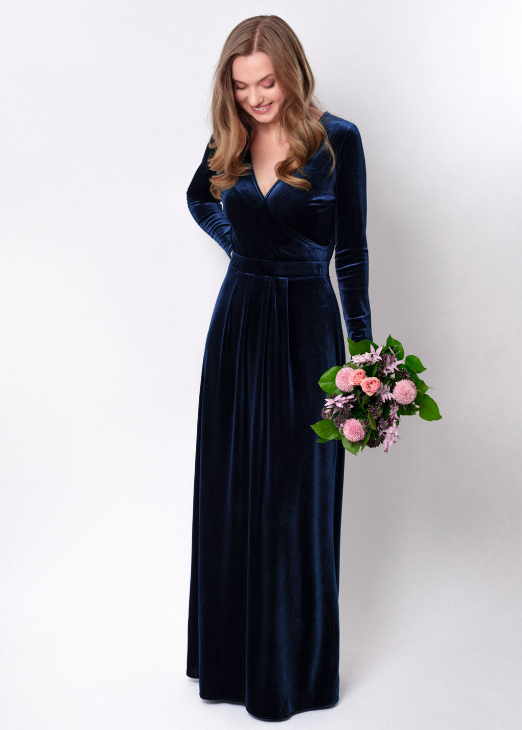 Navy blue velvet wrap long dress