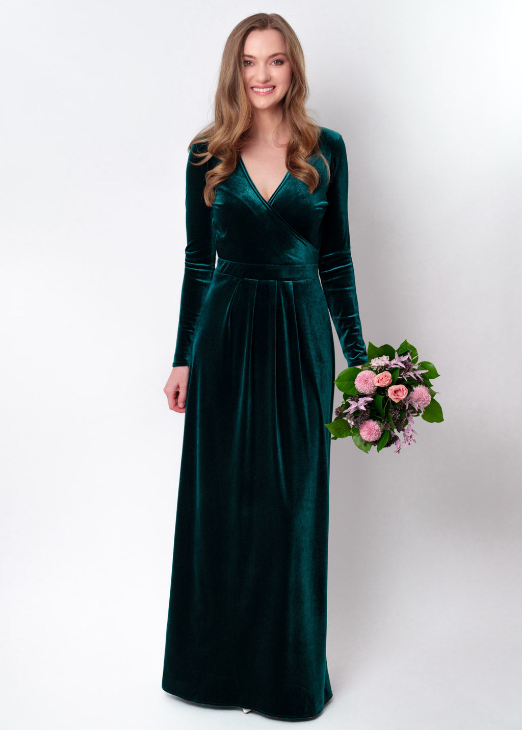 Teal green velvet wrap long dress