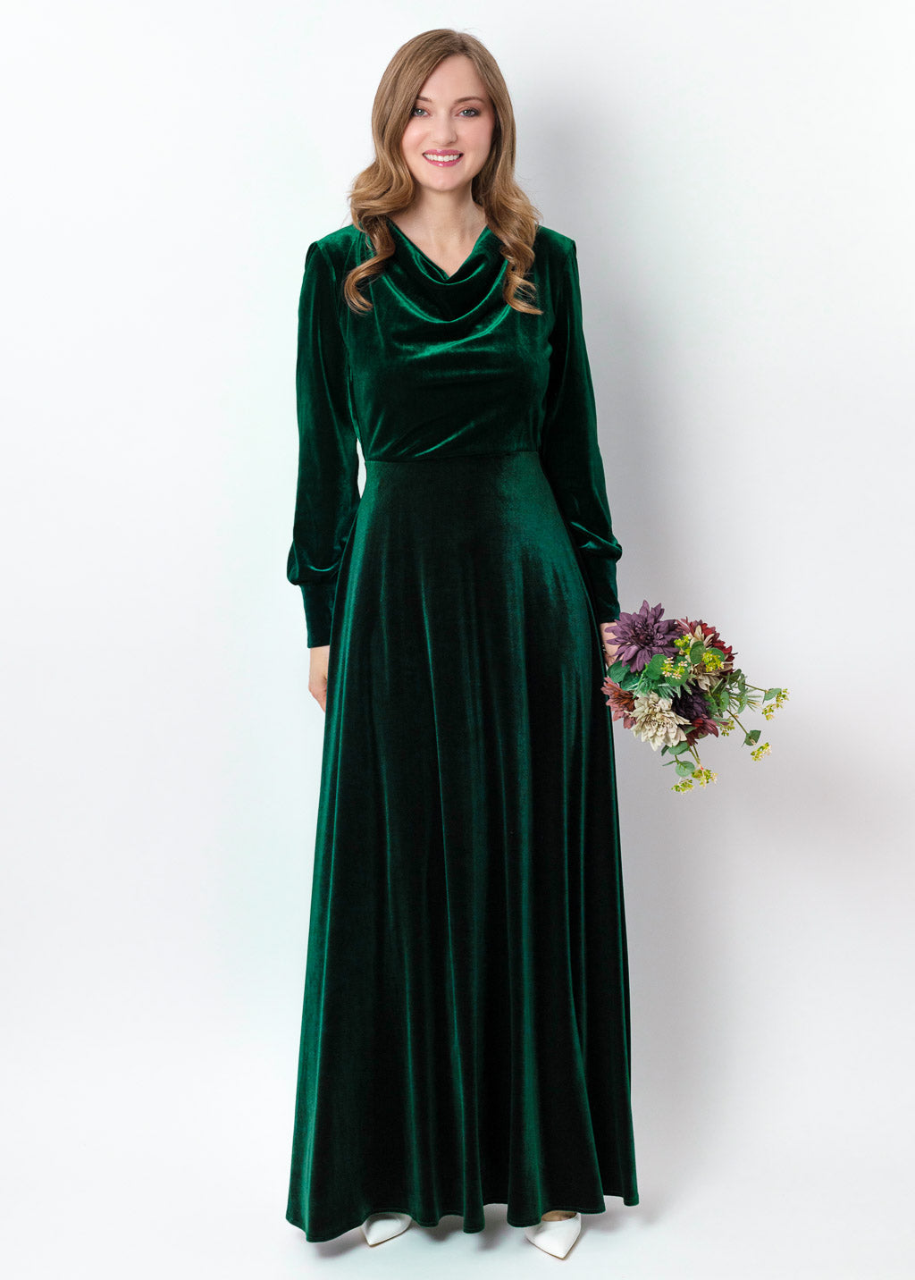 Emerald green velvet winter dress