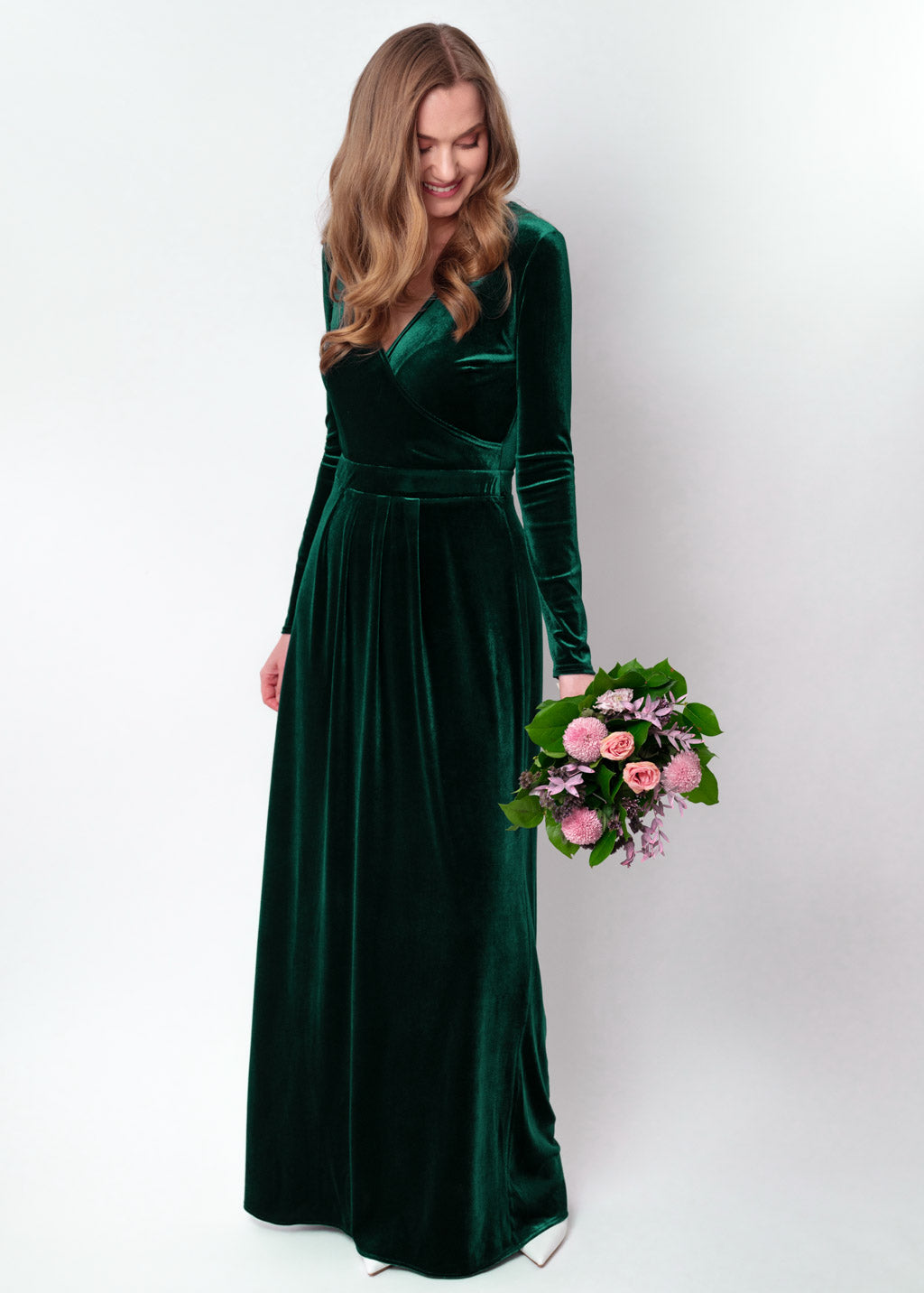 Emerald green velvet wrap long dress
