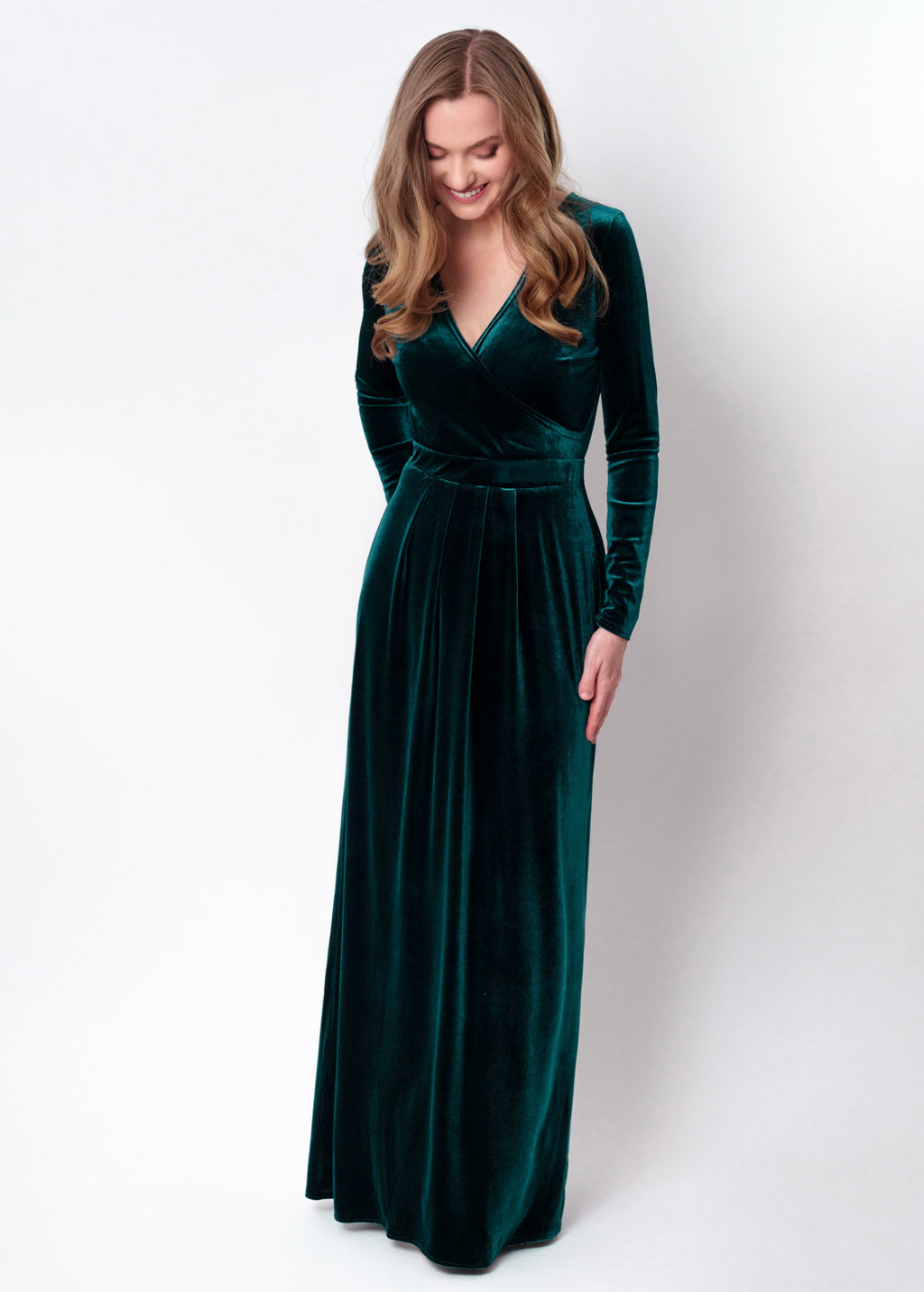 Teal green velvet wrap long dress