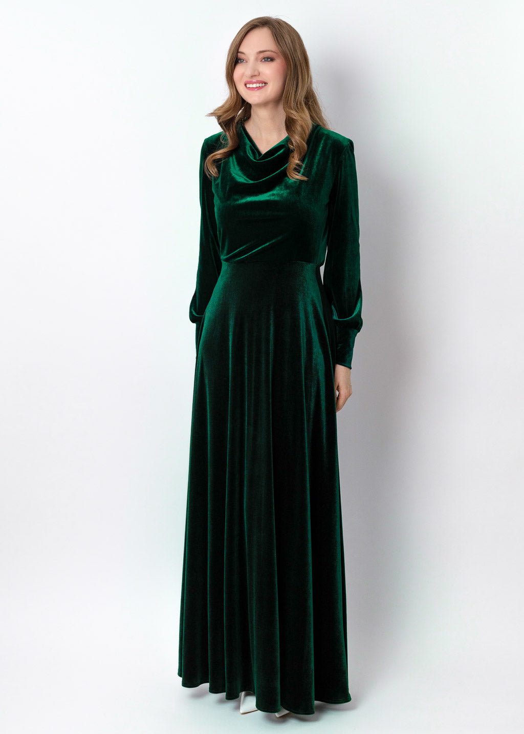 Emerald green velvet winter dress