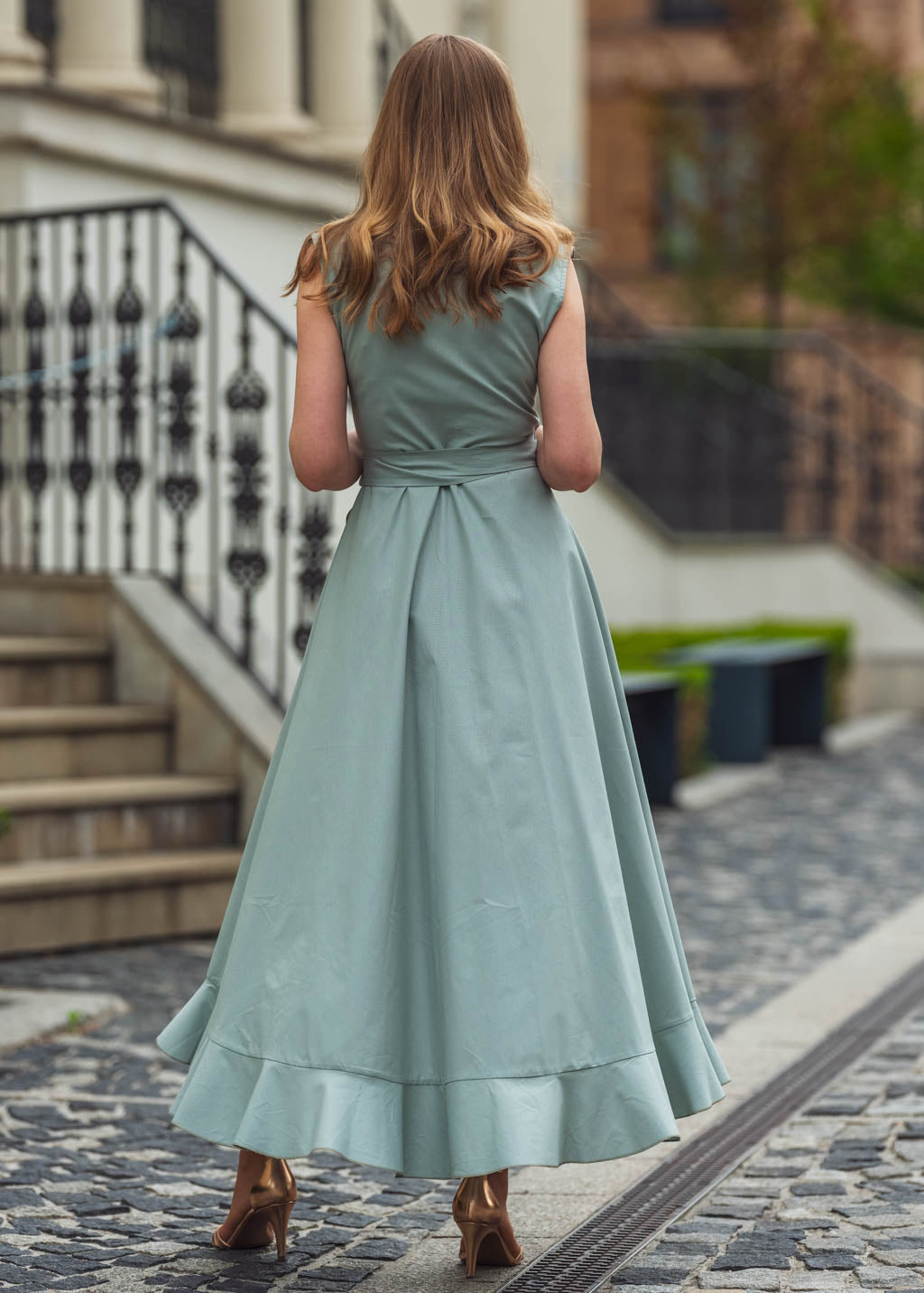 Sage green organic cotton wrap dress