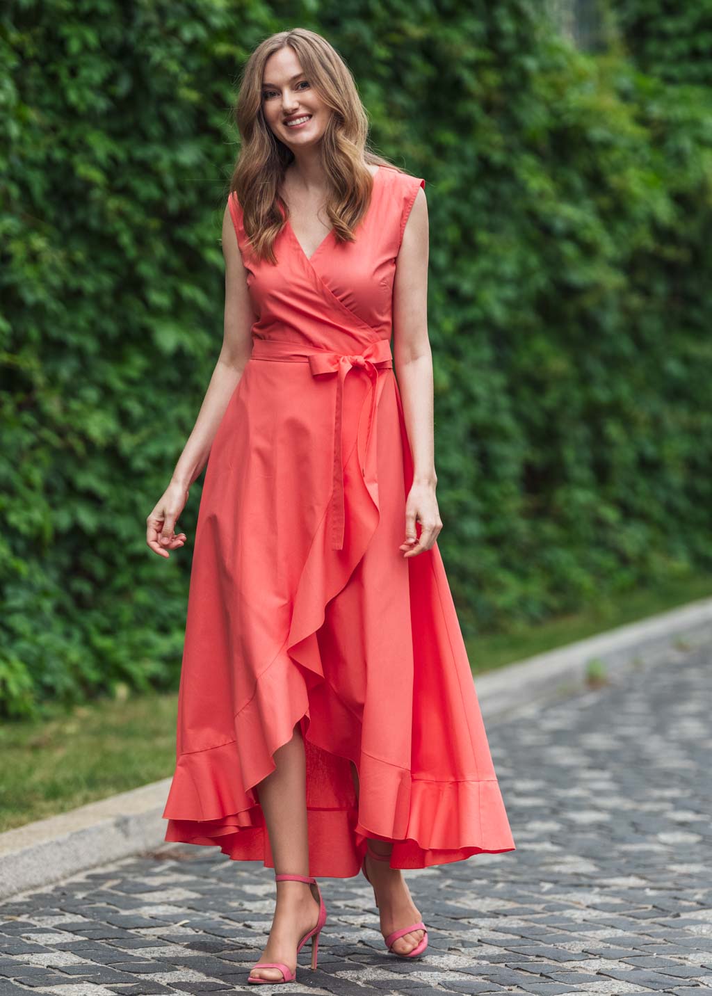 Coral organic cotton wrap dress