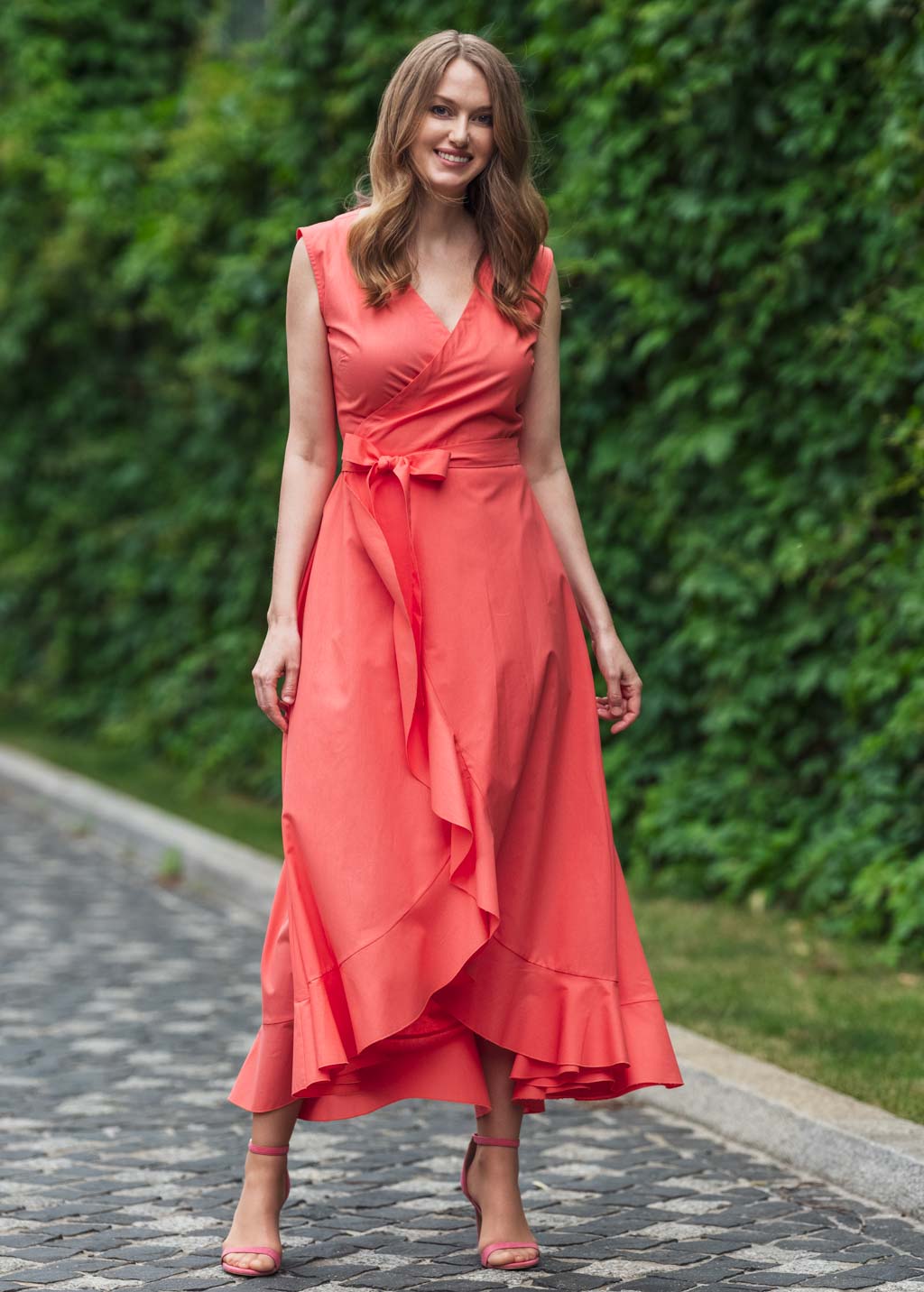 Coral organic cotton wrap dress