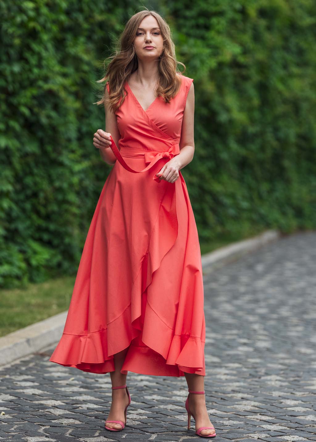 Coral organic cotton wrap dress