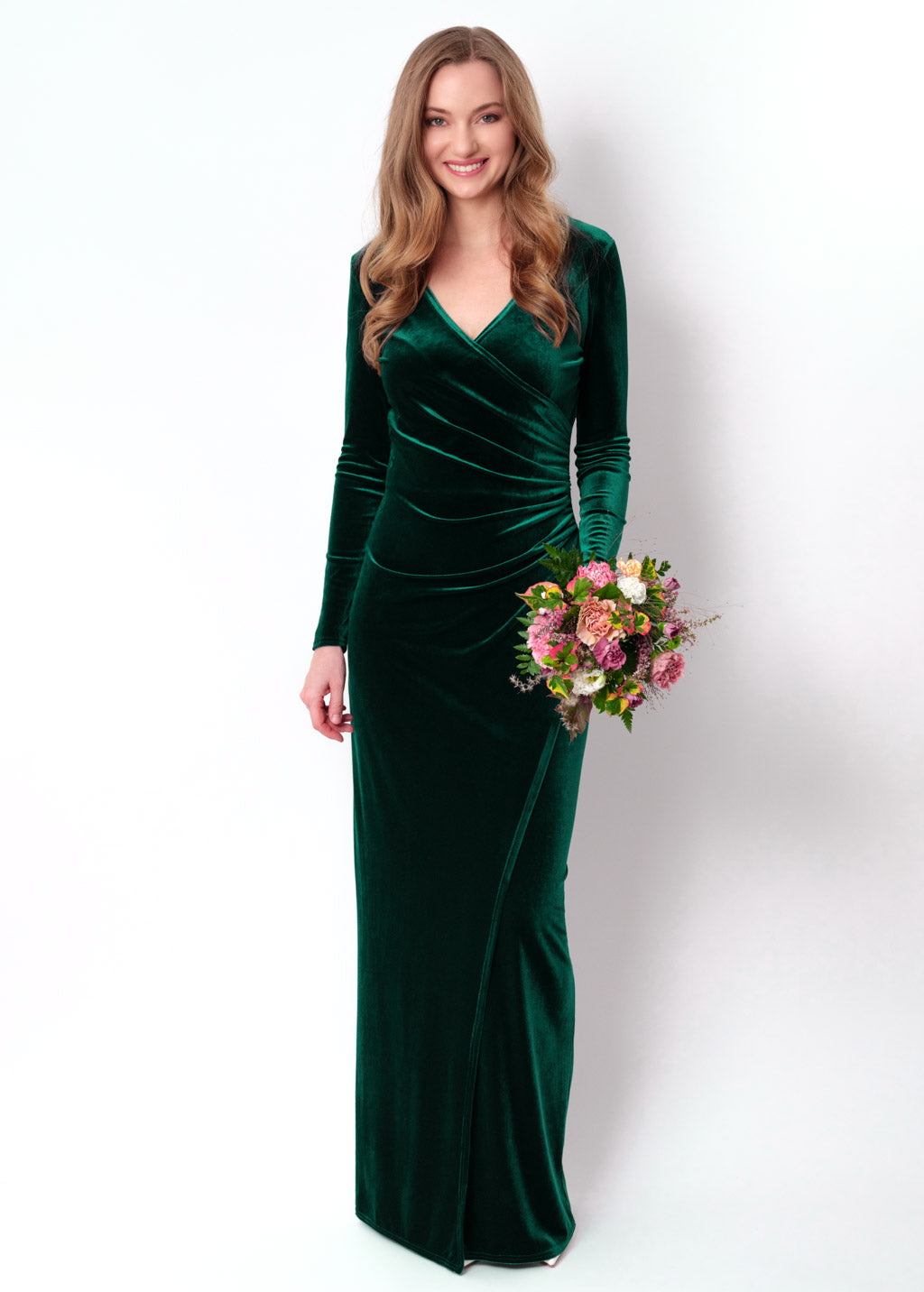 Emerald green long wrap bodycon velvet dress
