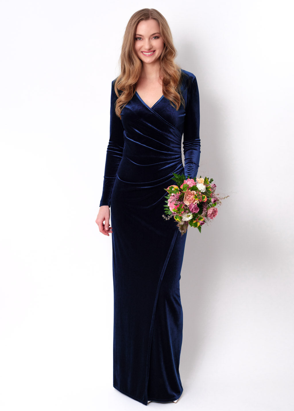 Navy blue long wrap bodycon velvet dress