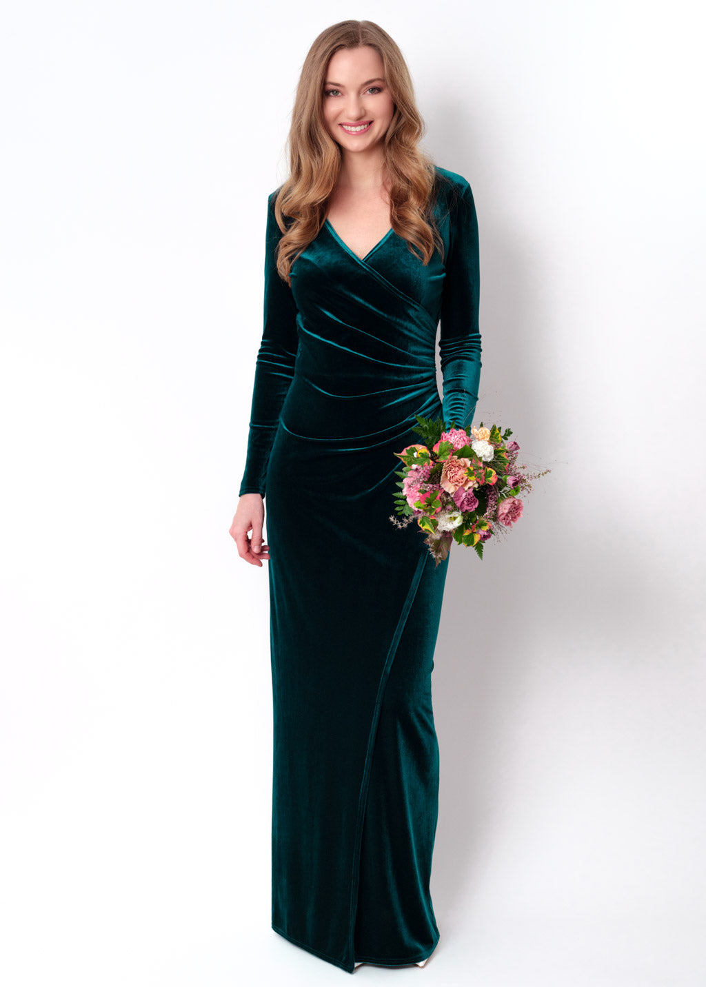 Teal green long wrap bodycon velvet dress