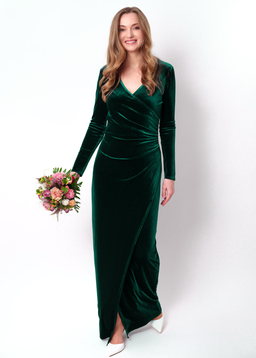Emerald green long wrap bodycon velvet dress
