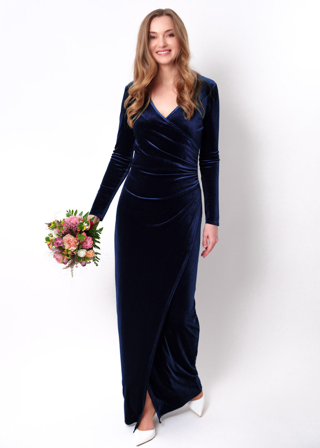 Navy blue long wrap bodycon velvet dress