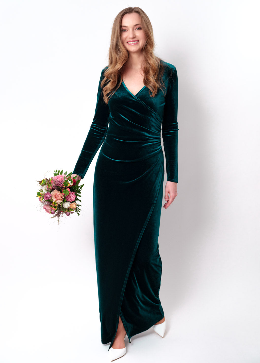 Teal green long wrap bodycon velvet dress
