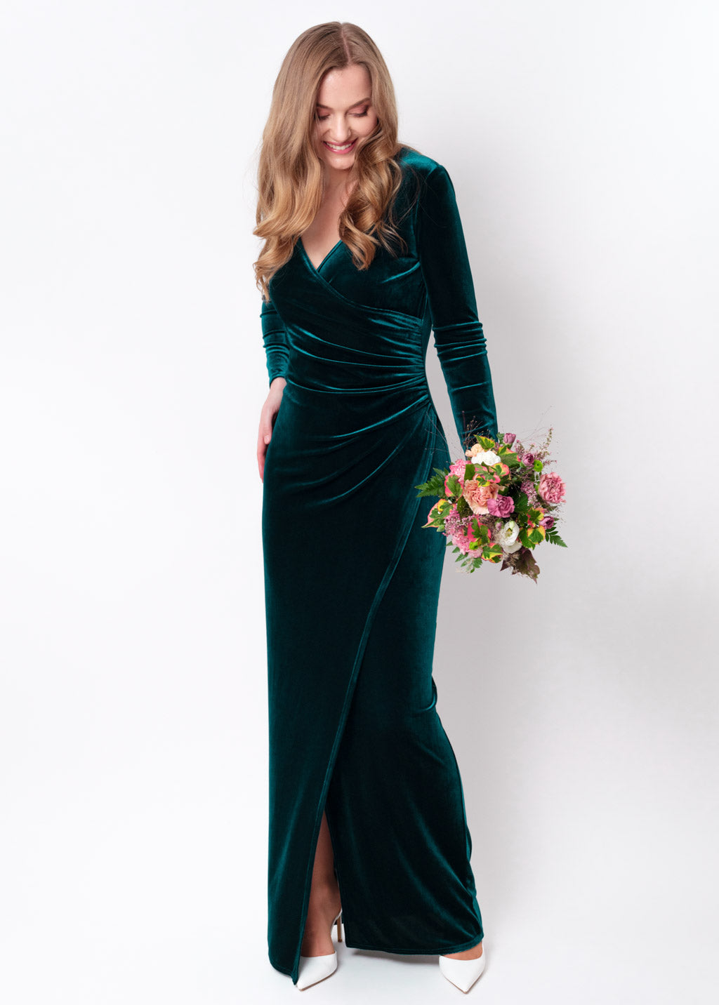 Teal green long wrap bodycon velvet dress