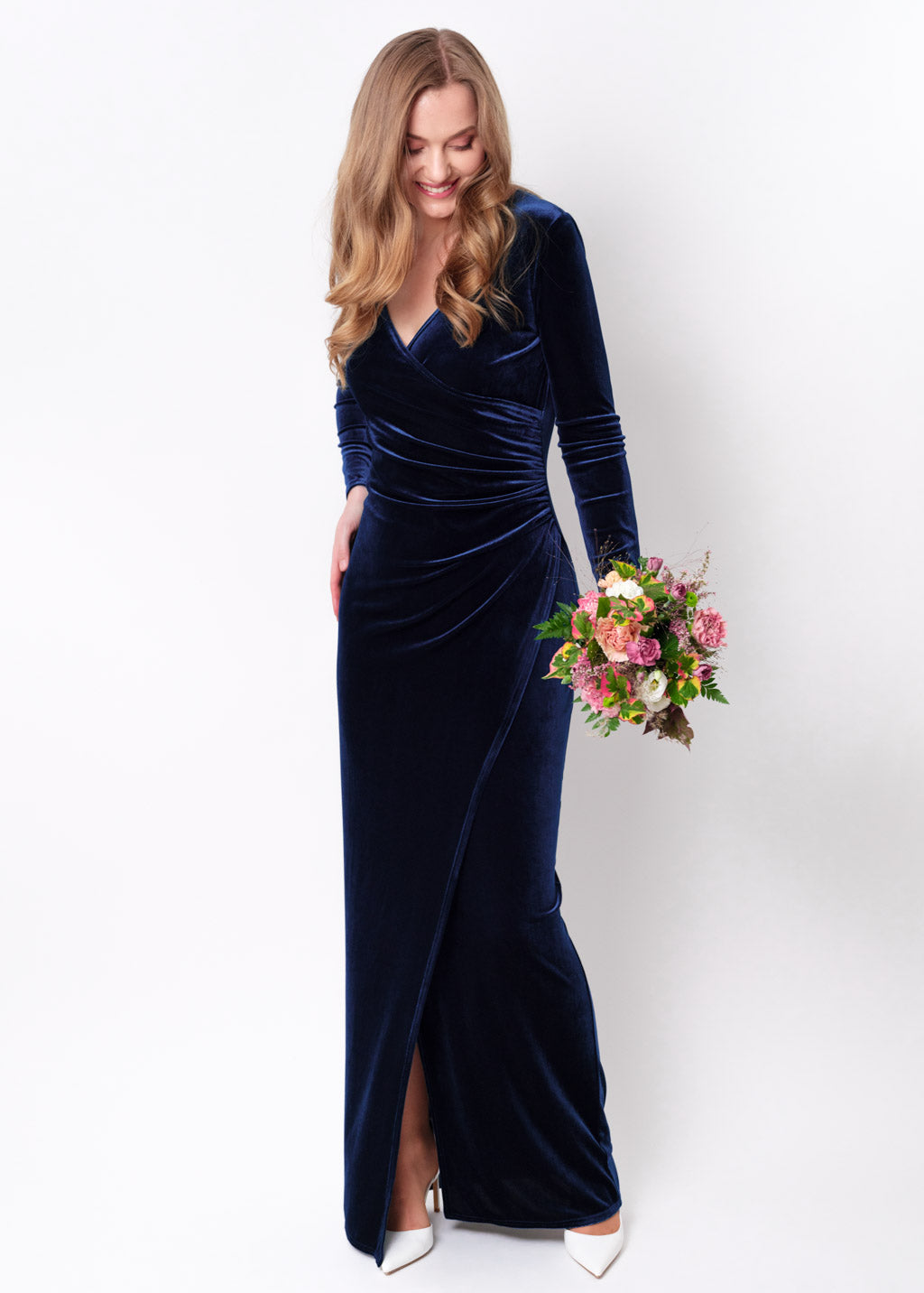 Navy blue long wrap bodycon velvet dress