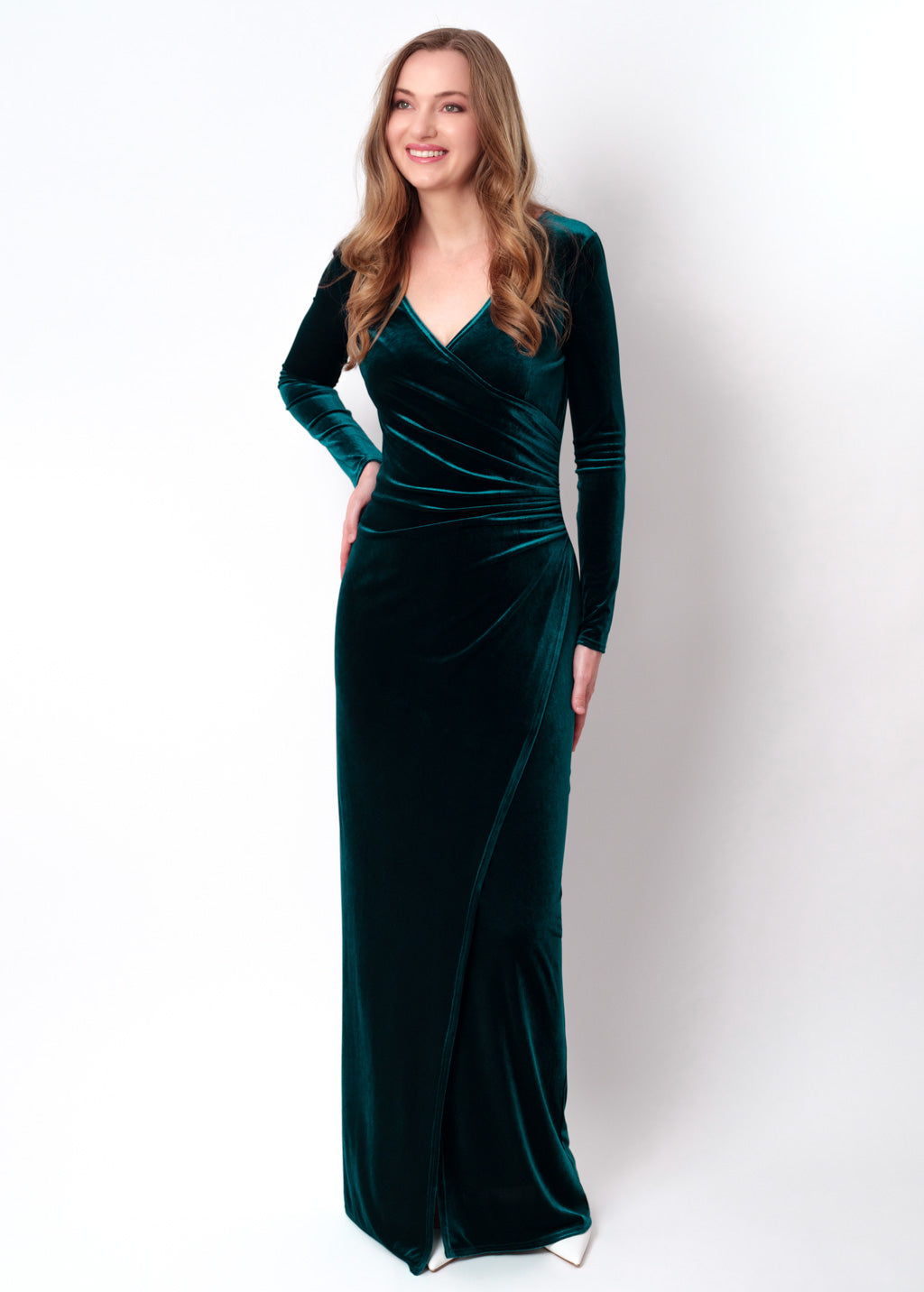 Teal green long wrap bodycon velvet dress