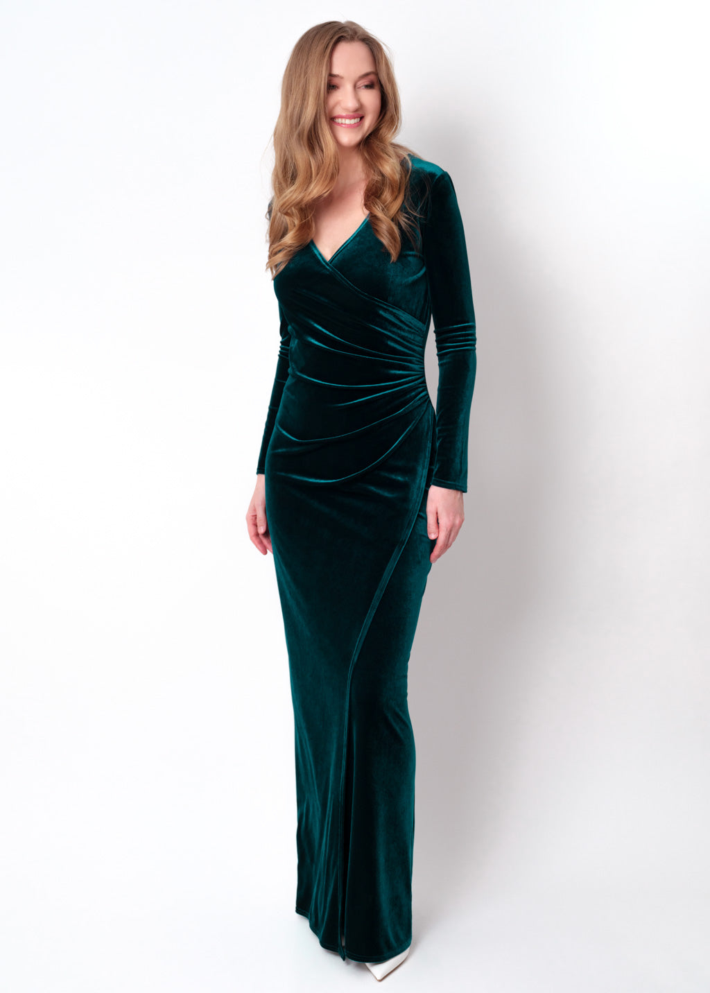 Teal green long wrap bodycon velvet dress