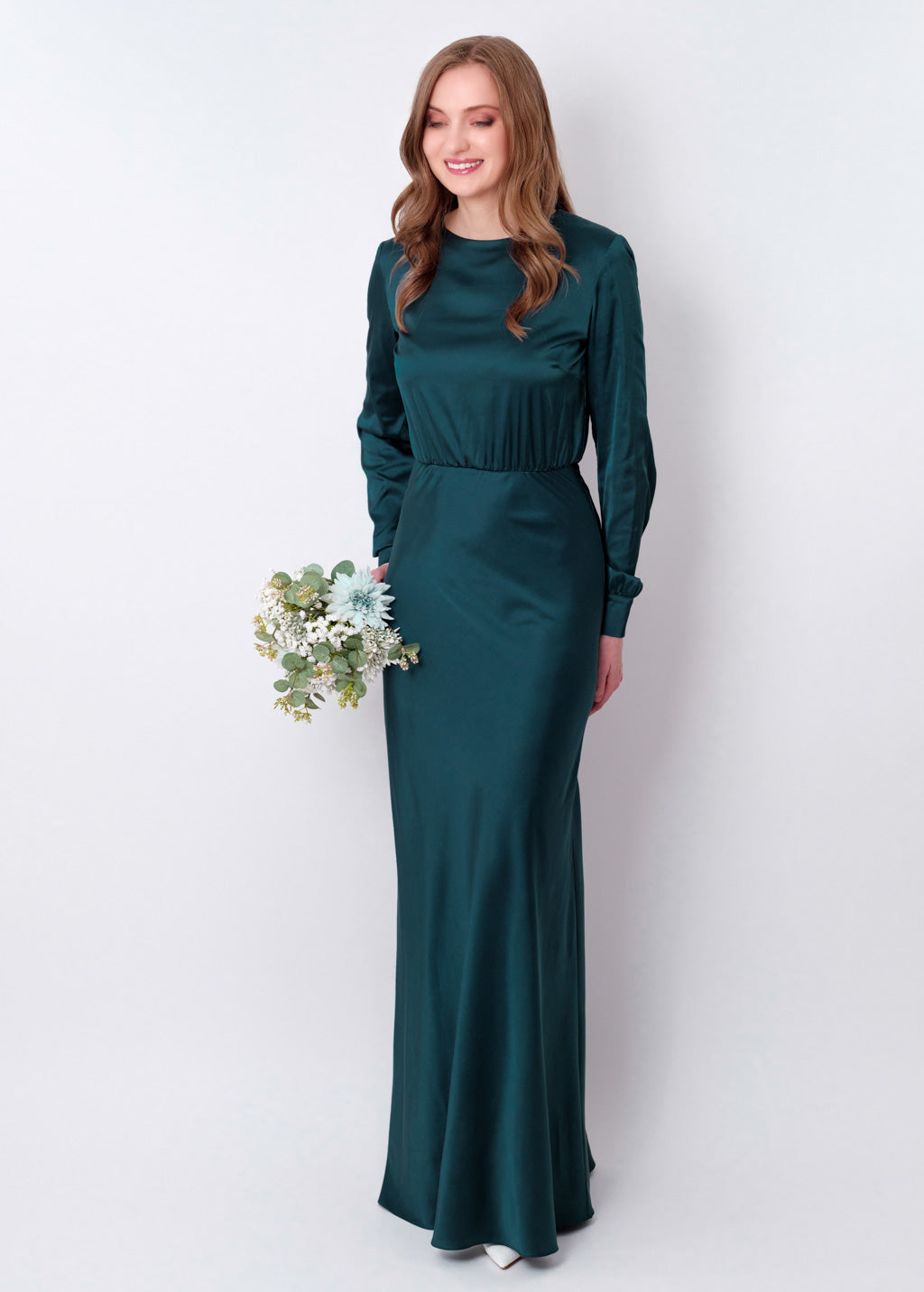 Dark teal green silk long dress