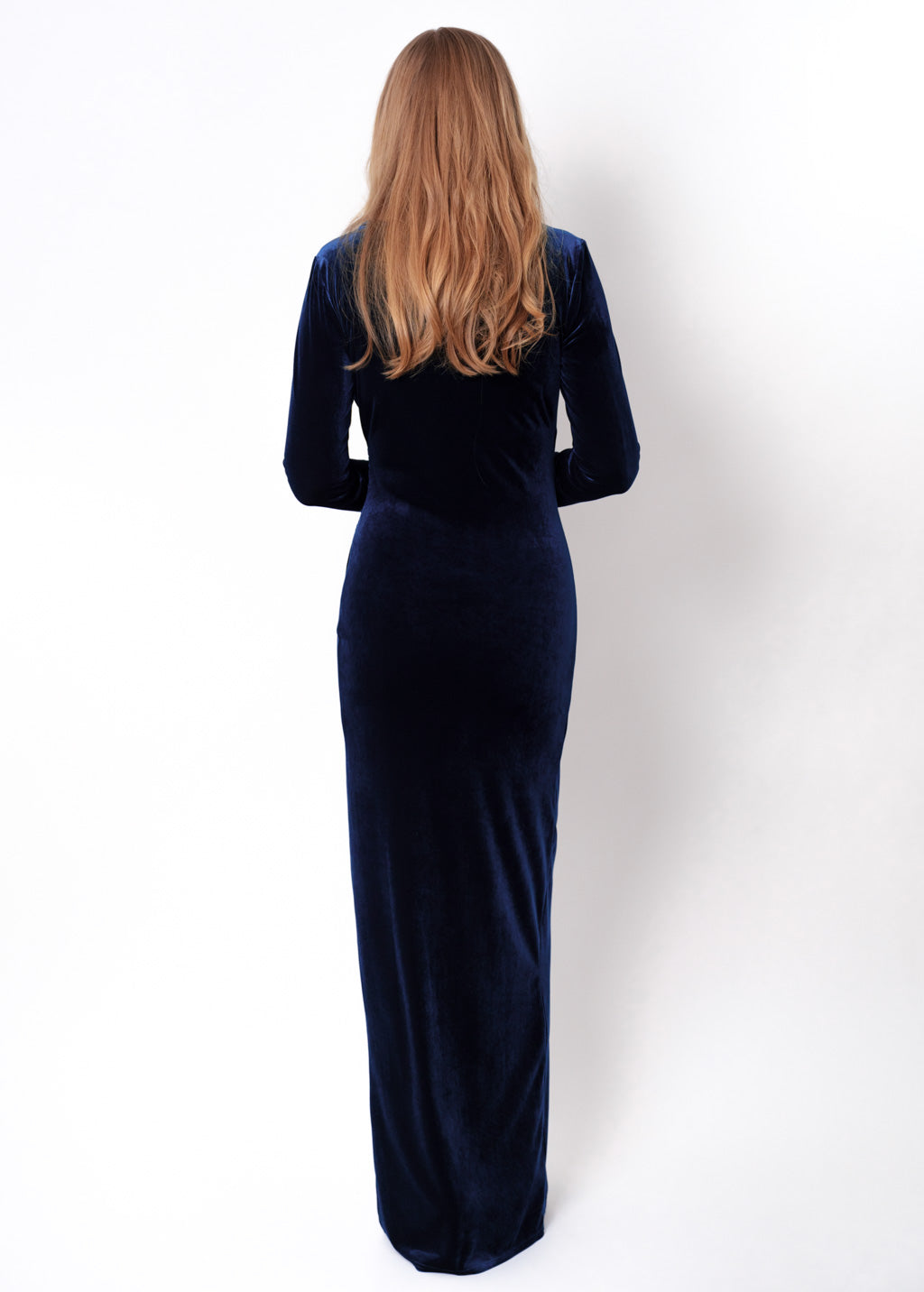 Navy blue long wrap bodycon velvet dress