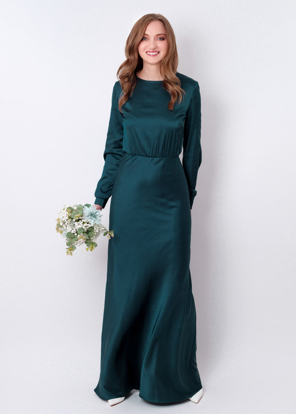 Dark teal green silk long dress