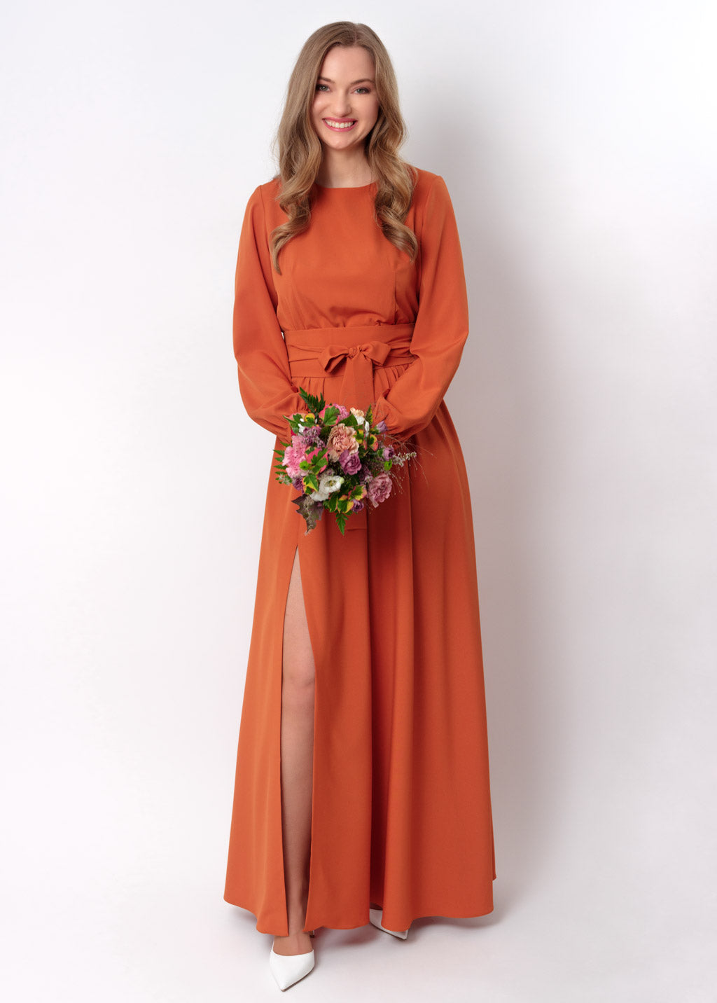 Rust orange slit dress with belt