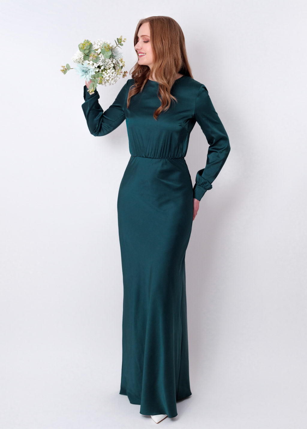 Dark teal green silk long dress