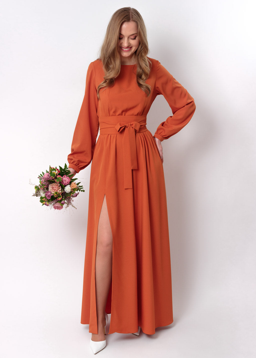 Rust orange long dress with belt