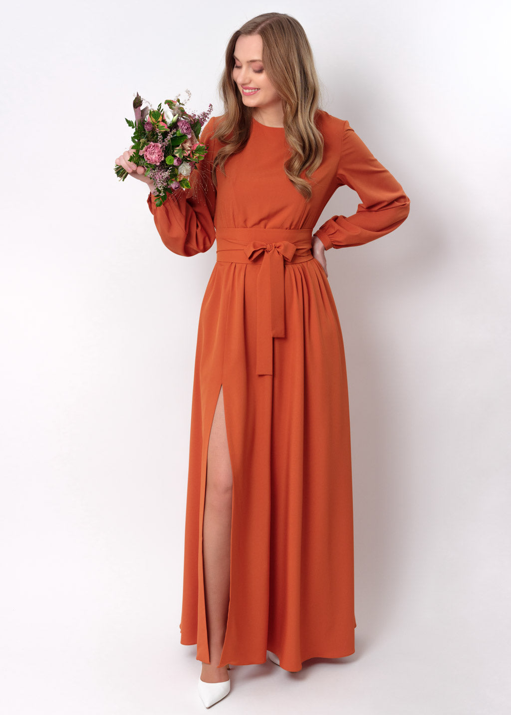Rust orange slit dress with belt