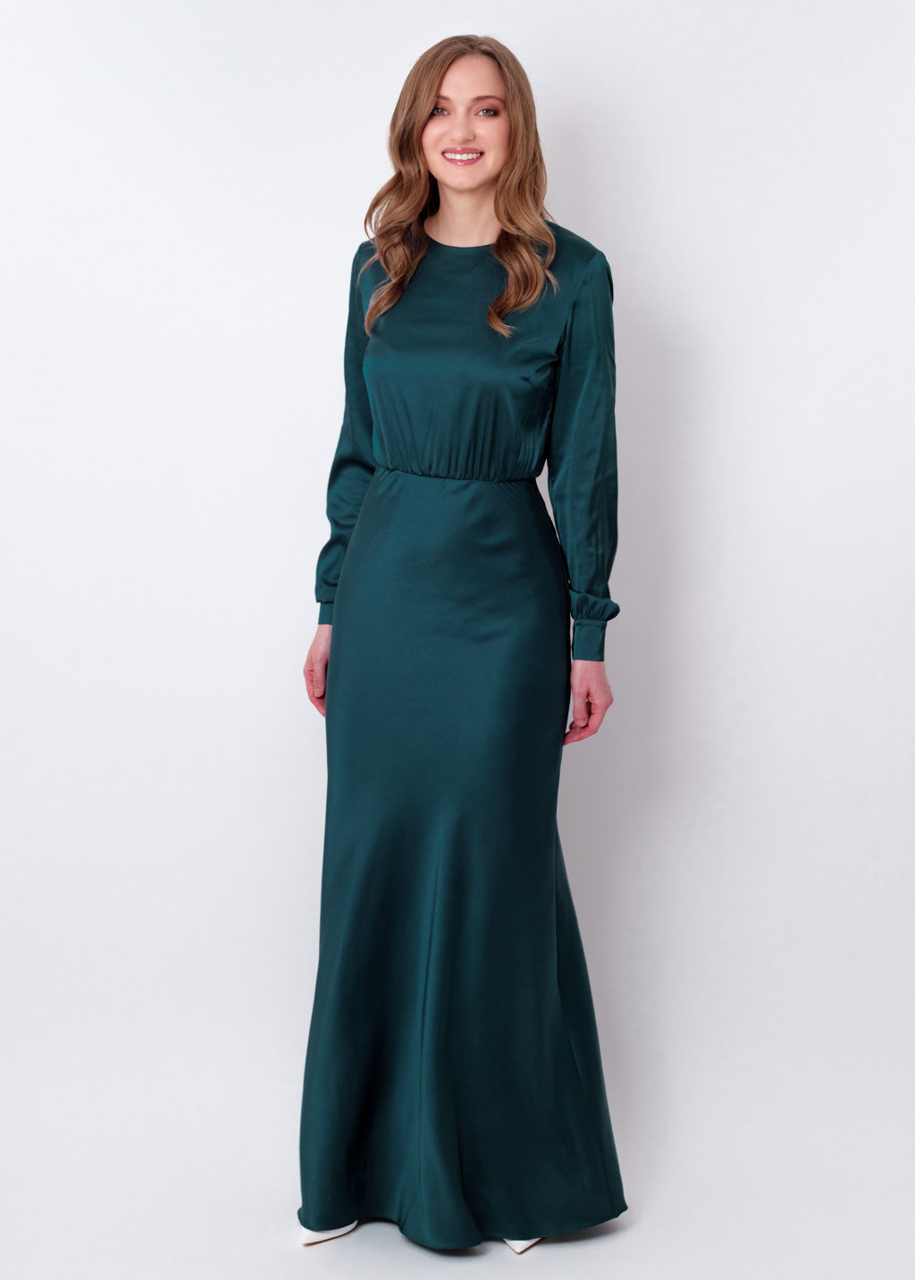 Dark teal green silk long dress