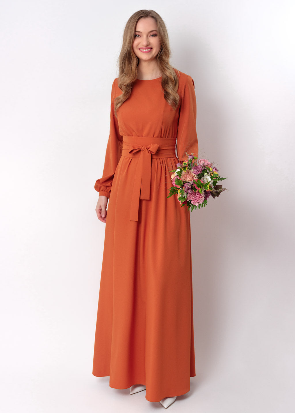 Rust orange long dress with belt