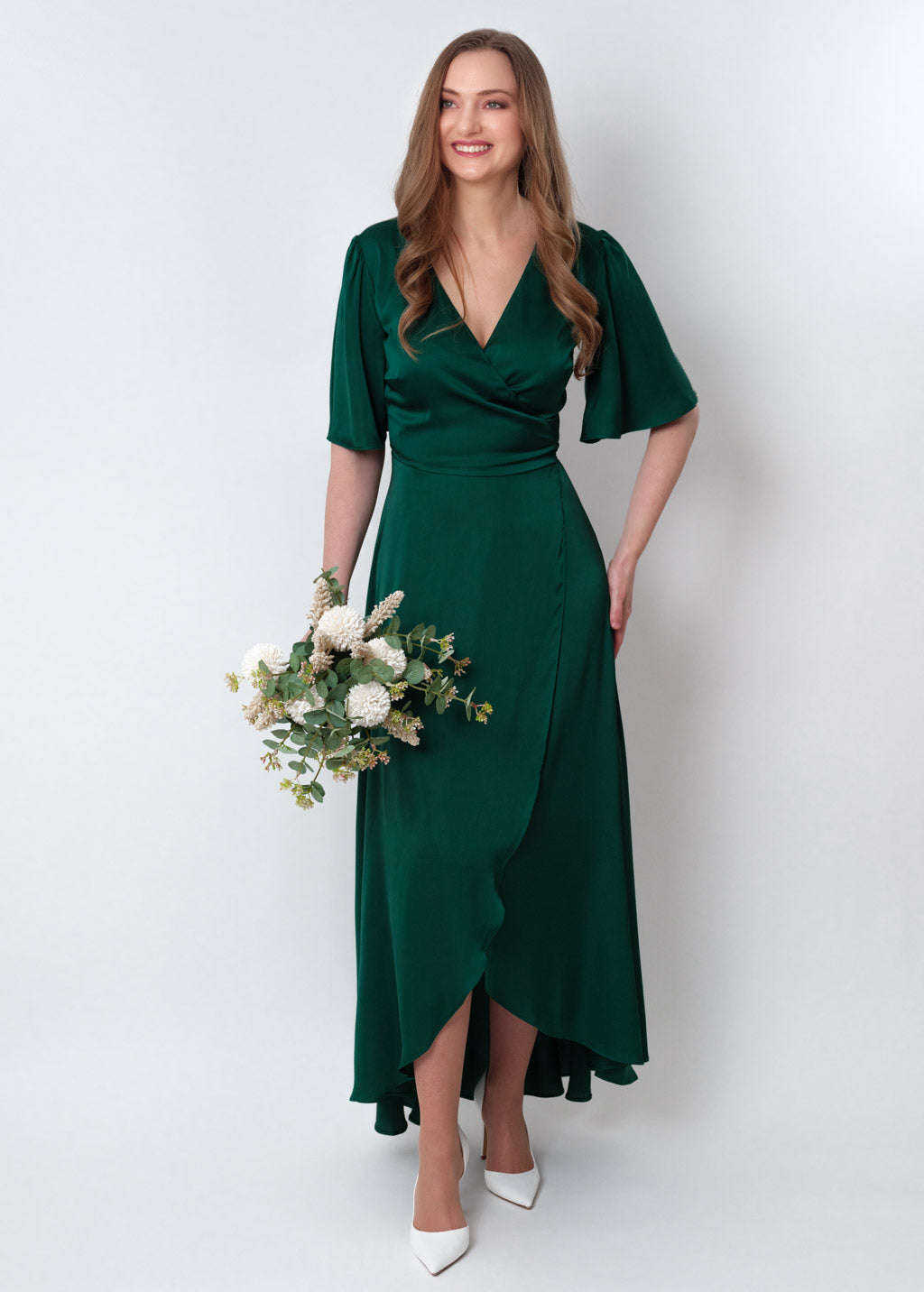 Dark green silk long wrap dress