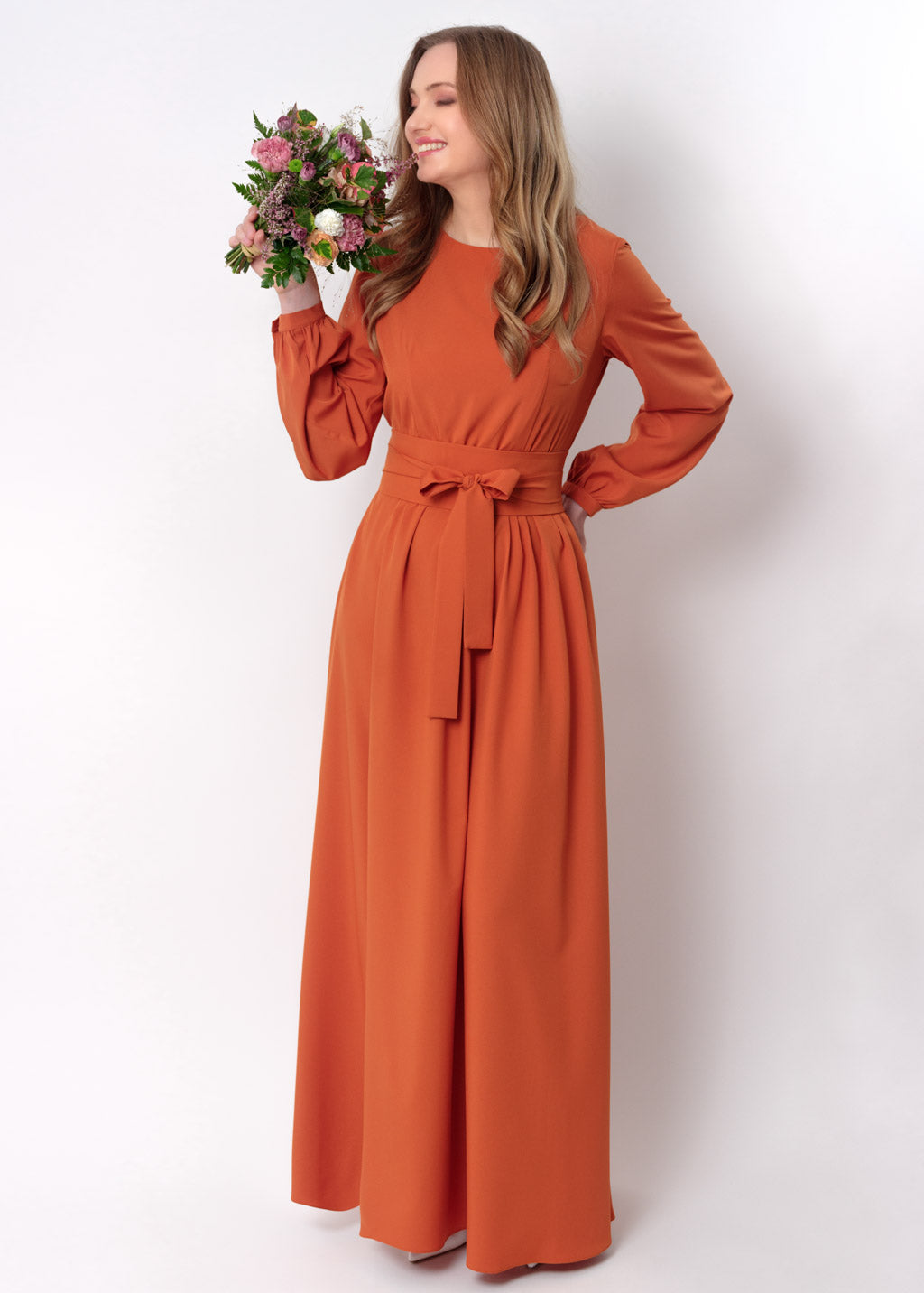 Rust orange long dress with belt